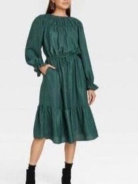 A New Day Boho Cottagecore forest green long-sleeve tiered maxi dress
